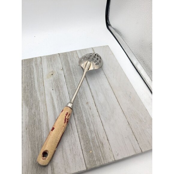 Vintage A&J Slotted Serving Chromium Plated Spoon Wood Handle 12" - Picture 4 of 8